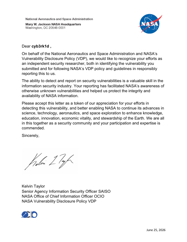 Letter of Appreciation from NASA